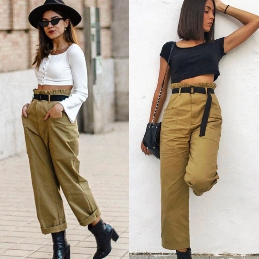 ☀️ ZARA Women's High Rise Paperbag Waist Pants Pistachio Green Wide Leg Size XS
